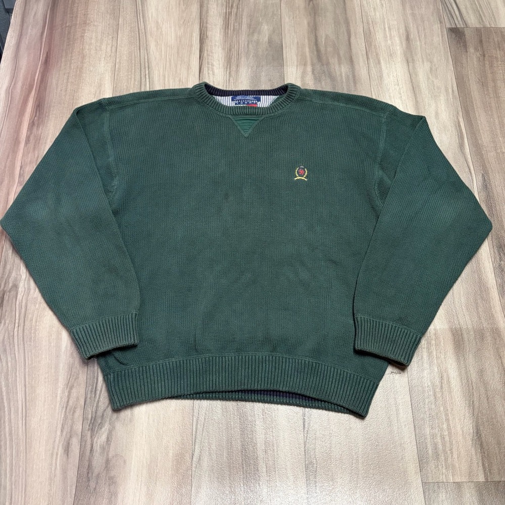 Tommy Hilfiger Vintage Forest Green Cotton Knit Crewneck Sweater XL Crest Logo